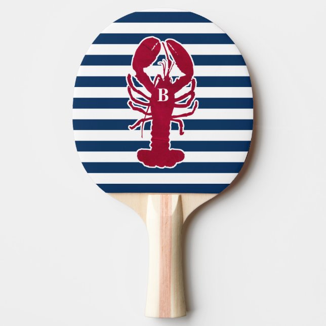 Nautical Red Lobster Monogram Blue White Stripe Ping-Pong Paddle (Front)