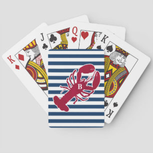 Nautical Red Lobster Monogram Blue White Stripe Poker Cards