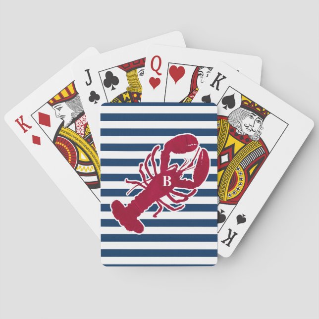 Nautical Red Lobster Monogram Blue White Stripe Poker Cards (Back)