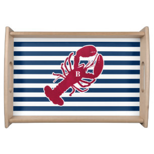 Nautical Red Lobster Monogram Blue White Stripe Serving Tray