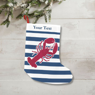 Nautical Red Lobster Monogram Blue White Stripe Small Christmas Stocking