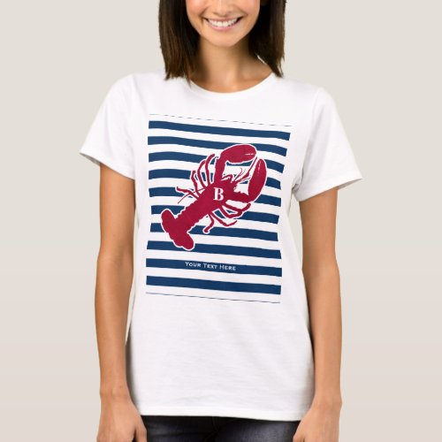 Nautical Red Lobster Monogram Blue White Stripe T_Shirt