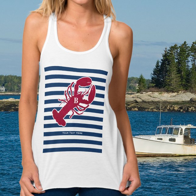 Nautical Red Lobster Monogram Blue White Stripe Tank Top (Creator Uploaded)