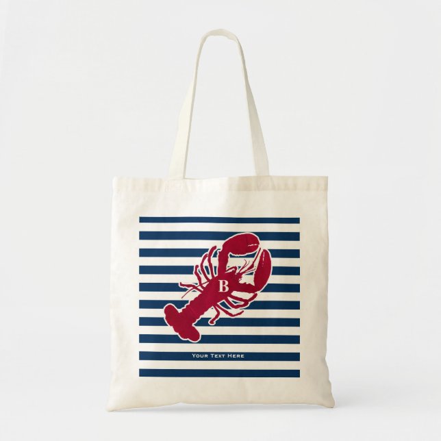 Nautical Red Lobster Monogram Blue White Stripe Tote Bag (Front)