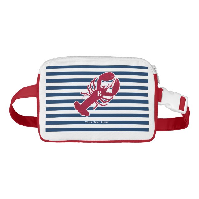 Nautical Red Lobster Monogram Blue White Stripe Waist Bag (Front)