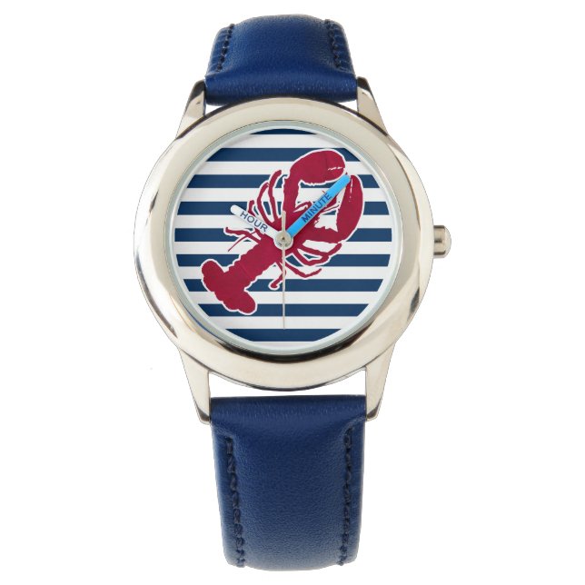 Nautical Red Lobster Monogram Blue White Stripe Watch (Front)