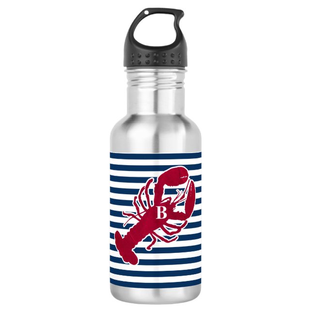 Nautical Red Lobster Monogram Blue White Stripe Water Bottle (Front)