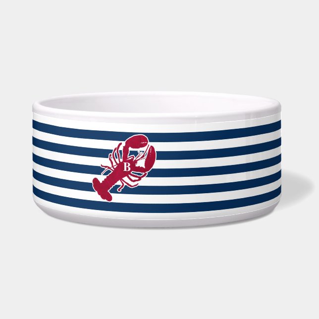 Nautical Red Lobster Monogram Stripe Dog Bowl (Front)