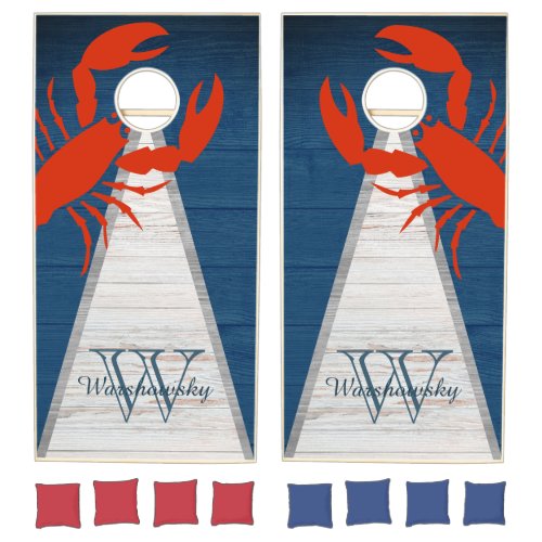 Nautical Red Lobster Navy Blue Family Monogram  Co Cornhole Set