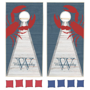 Nautical Red Lobster Navy Blue Family Monogram Co Cornhole Set