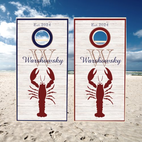 Nautical Red Lobster Navy Blue Family Monogram  Cornhole Set