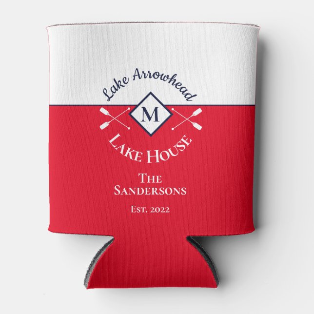 Nautical Red Modern Monogram Lake House Can Cooler (Front)