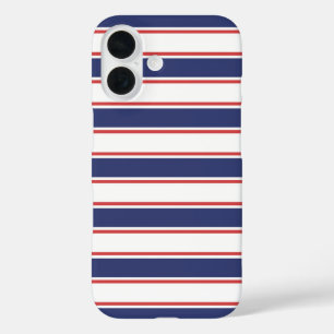 Nautical Red & Navy Blue Stripes iPhone 16 Case