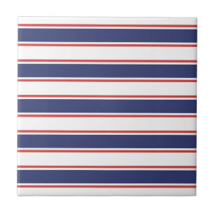 Nautical Red & Navy Blue Stripes Ceramic Tile