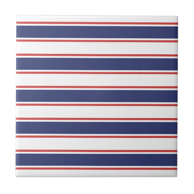 Nautical Red & Navy Blue Stripes Ceramic Tile (Front)