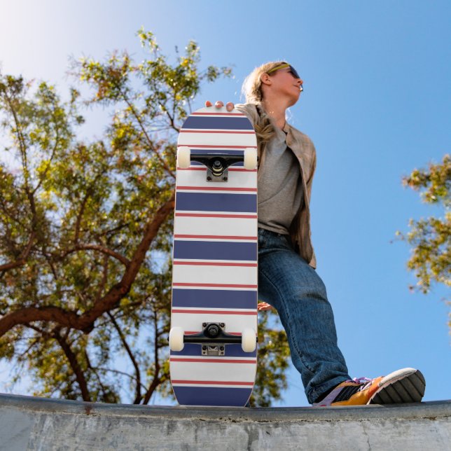 Nautical Red & Navy Blue Stripes Skateboard (Outdoor 1)