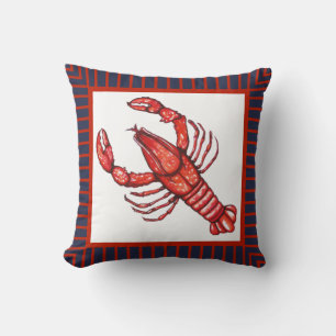 Nautical Red & Navy Border Watercolor Crawfish Throw Pillow