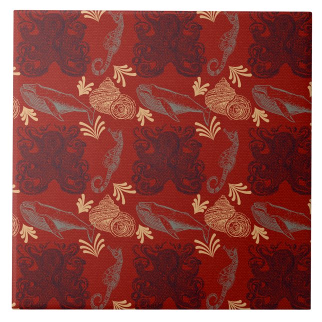 Nautical Red Octopus Sea Monster Illustration Ceramic Tile (Front)
