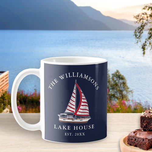 Nautical Red Sailboat Navy Blue Family Lake House Coffee Mug