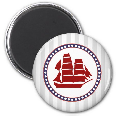 Nautical Red Sailing Ship And Grey Stripes Magnet