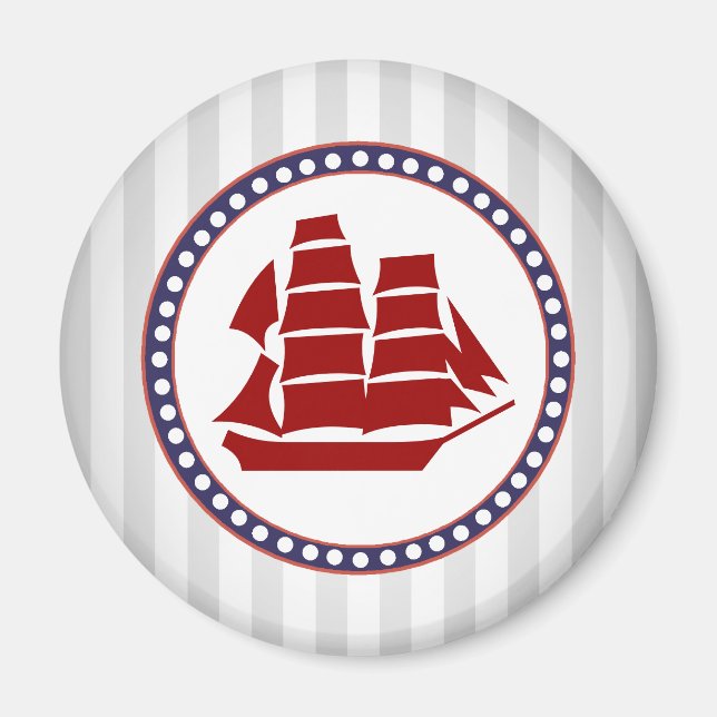 Nautical red sailing ship and grey stripes magnet (Front)