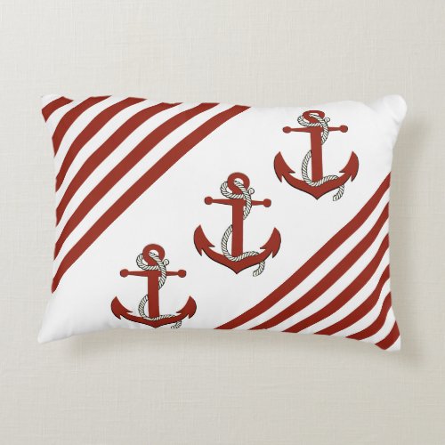 Nautical Red ShipBoat AnchorknotRed stripes Accent Pillow