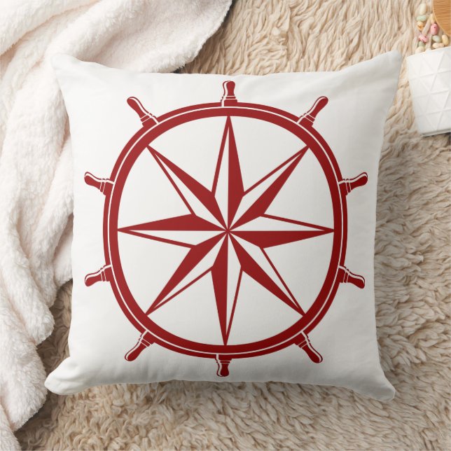 Nautical Red Ship Wheel on White Throw Pillow (Blanket)