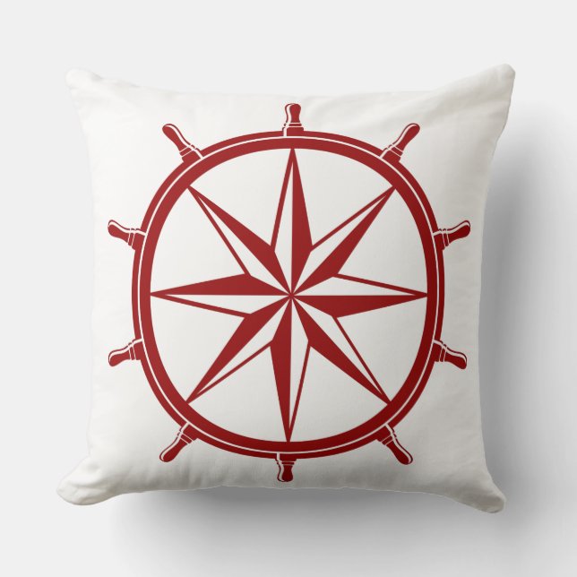 Nautical Red Ship Wheel on White Throw Pillow (Front)