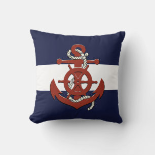 Nautical red ship's wheel/anchor navy blue throw p pillow