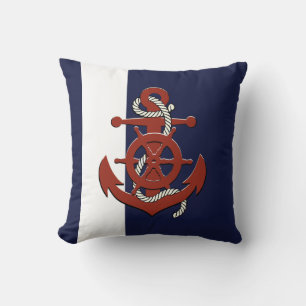 Nautical red ship's wheel/anchor navy blue throw p pillow