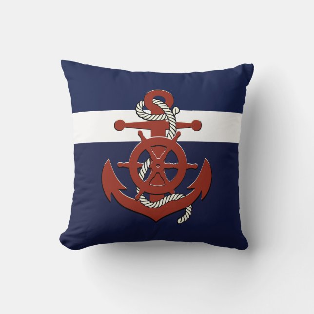 Nautical red ship's wheel/anchor navy blue throw p pillow (Front)
