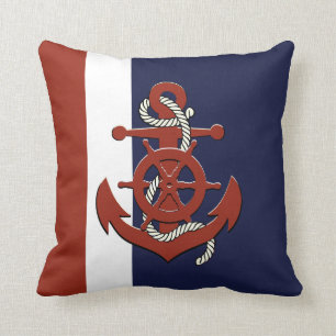 Nautical red ship's wheel/anchor navy blue throw p throw pillow