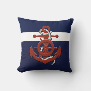 Nautical red ship's wheel/anchor navy blue throw p throw pillow