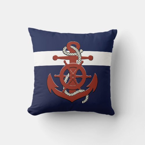 Nautical red ships wheelanchor navy blue throw p throw pillow