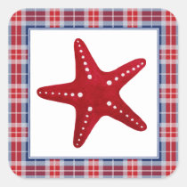 Nautical Red Starfish Blue &amp; Red Tartan Plaid Square Sticker