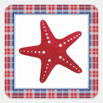 Nautical Red Starfish Blue &amp; Red Tartan Plaid Square Sticker