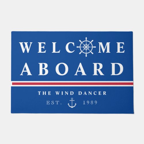 Nautical Red Stripe Welcome Aboard Add Name Boat Doormat
