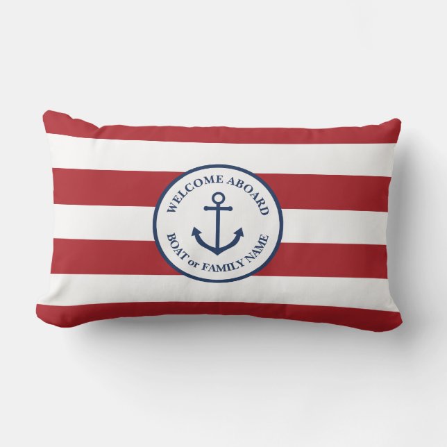Nautical red striped welcome aboard pillow (Front)