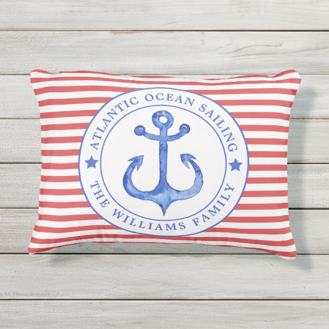 Nautical Red Stripes Personalized Outdoor Pillow (Back)