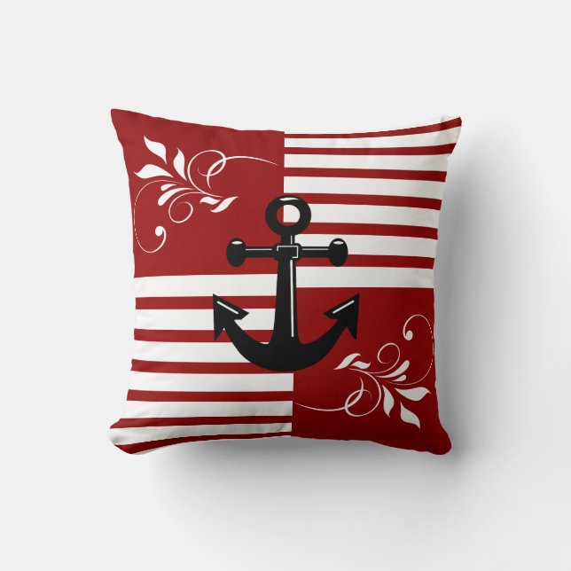 Nautical Red Stripes with White Accents / Anchor Throw Pillow (Front)