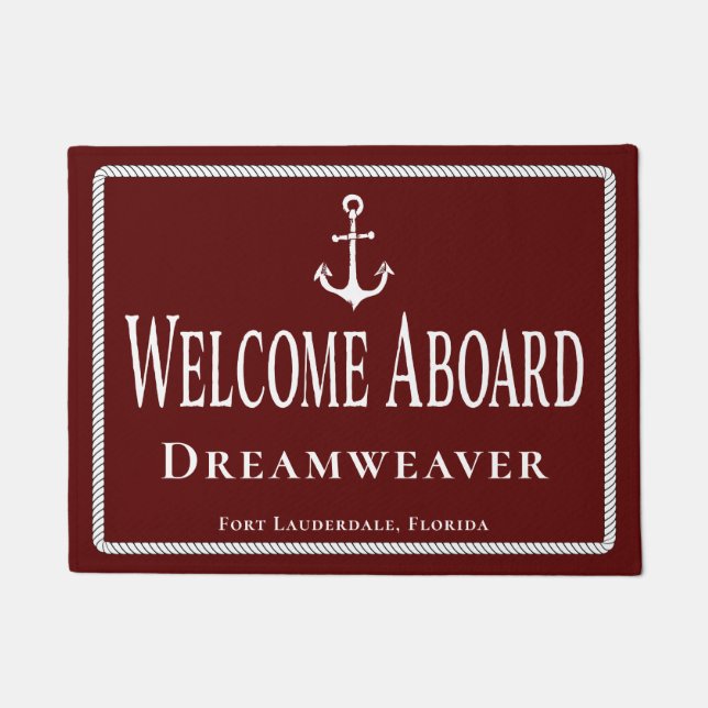 Nautical Red Welcome Aboard Boat Name Anchor Doormat (Front)