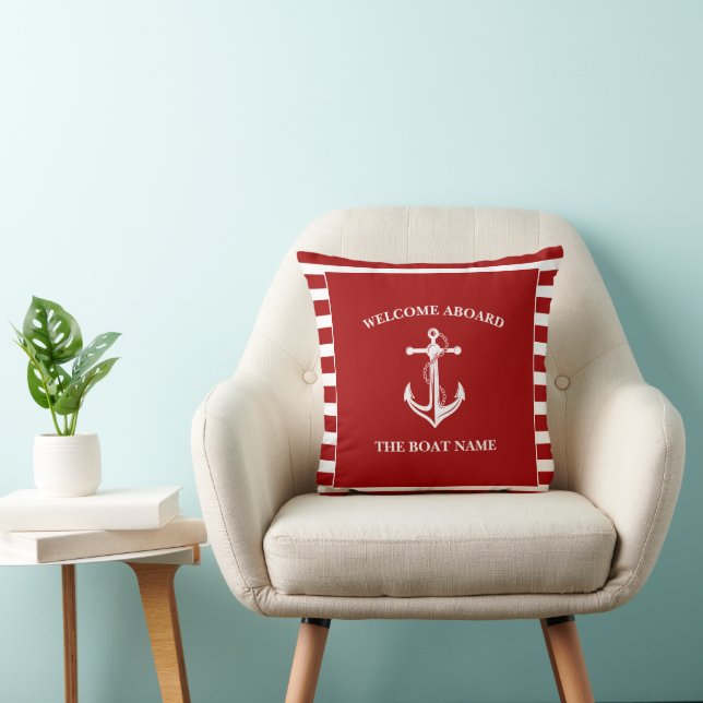 Nautical Red Welcome Aboard Boat Name Anchor Throw Pillow (Chair)