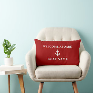 Nautical Red Welcome Aboard Boat Name Lumbar Pillow