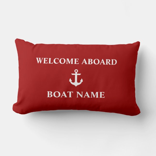Nautical Red Welcome Aboard Boat Name Lumbar Pillow (Front)