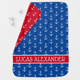 Nautical Red White and Blue Anchors Personalized Baby Blanket