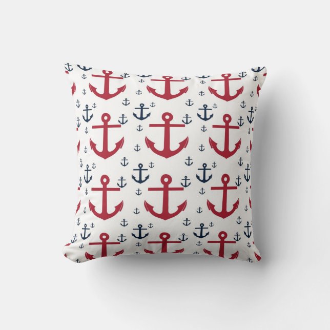 Nautical Red White and Blue Anchors Throw Pillow (Front)