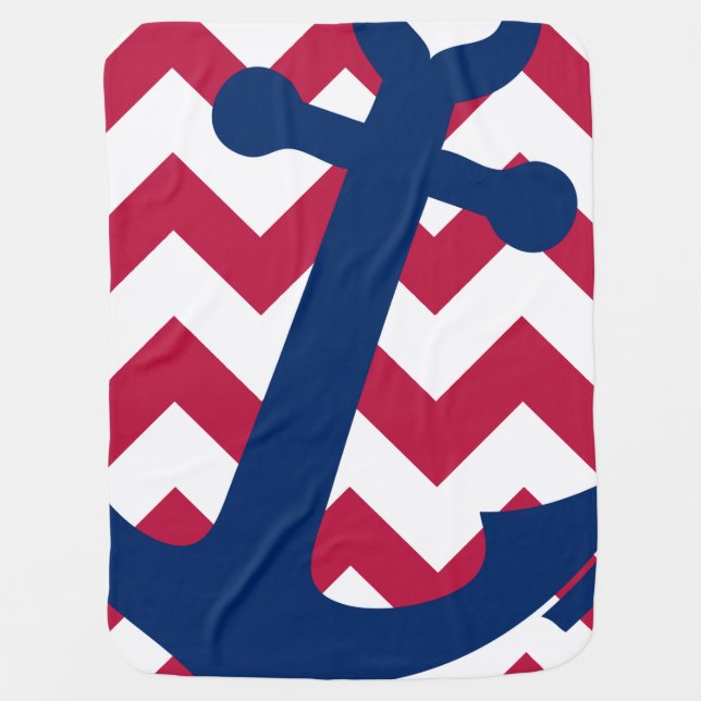 Nautical Red White and Blue Chevron Anchor Baby Blanket (Front)