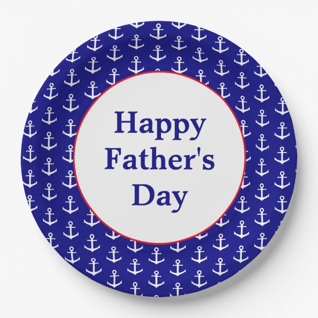 Nautical Red, White and Blue Happy Father's Day Paper Plates (Front)