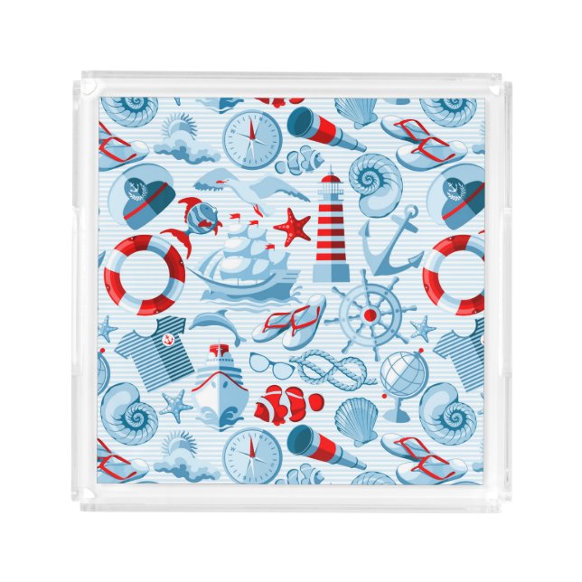 Nautical Red White And Blue Pattern Acrylic Tray (Front)
