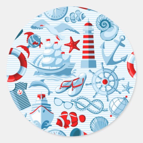 Nautical Red White And Blue Pattern Classic Round Sticker